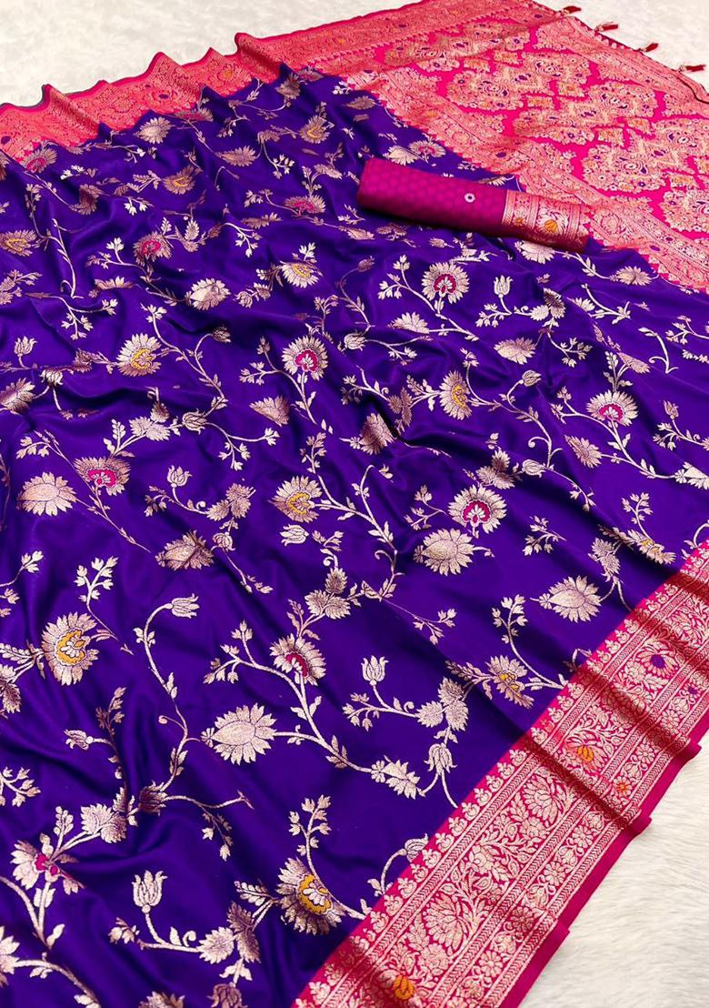 Violet Zari Work Banarasi Saree Set - Indya