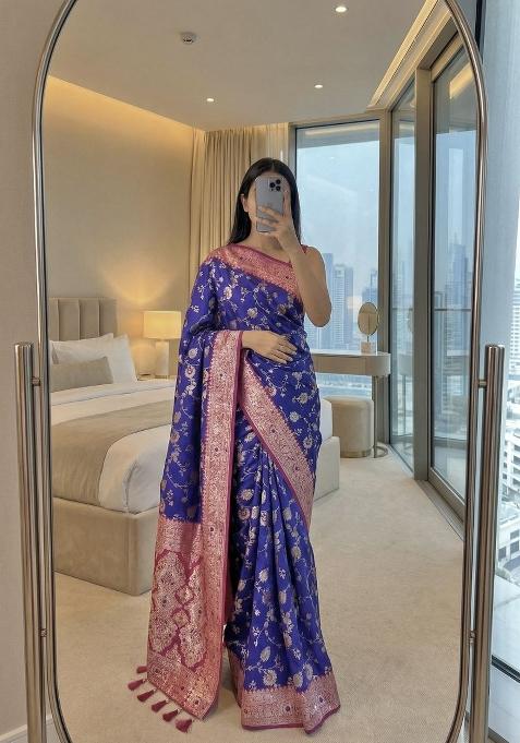 Violet Zari Work Banarasi Saree Set