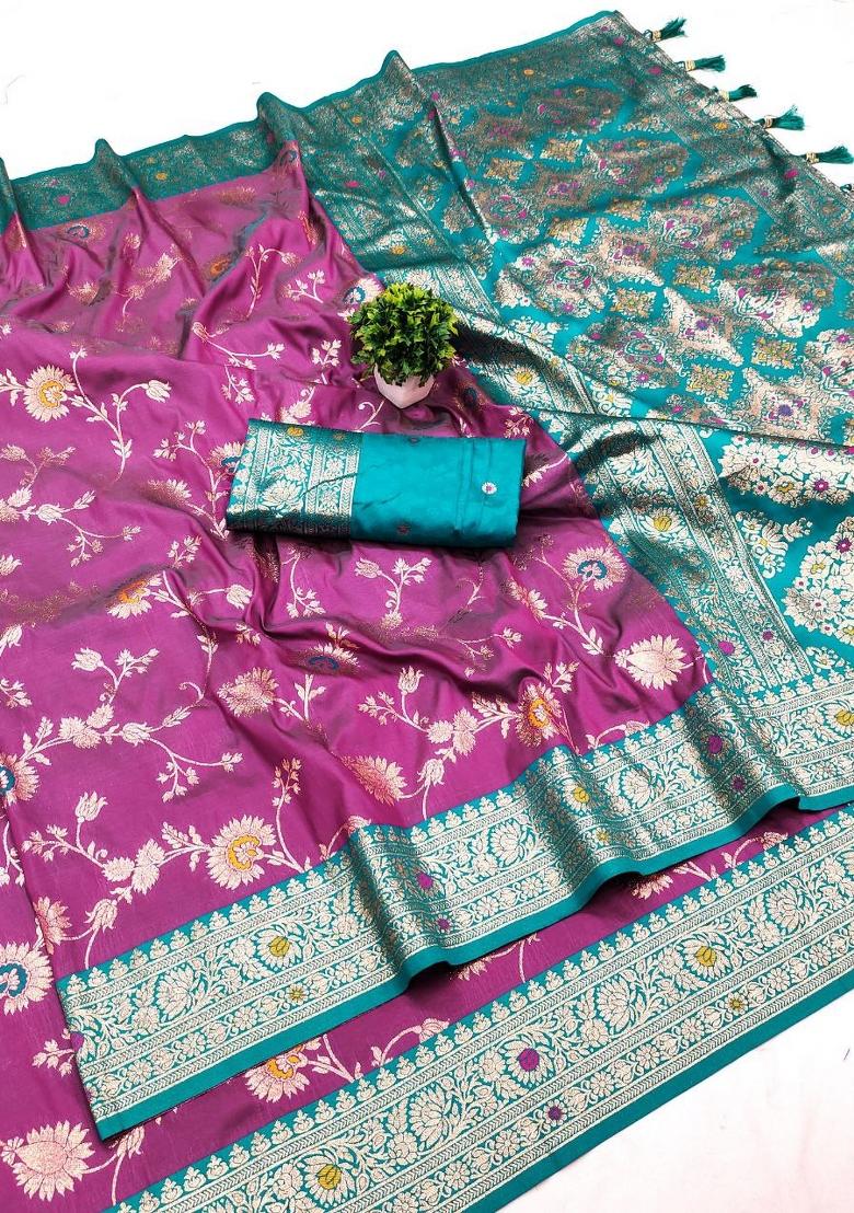Wine Zari Work Banarasi Saree Set - Indya