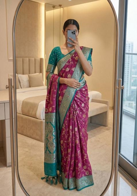 Wine Zari Work Banarasi Saree Set