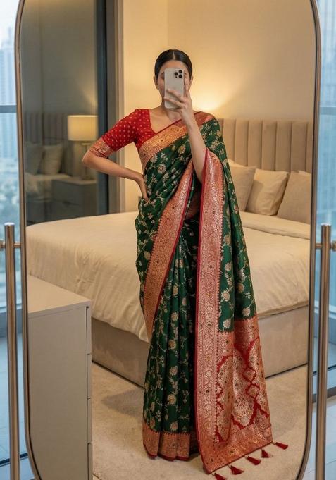 Green Zari Work Banarasi Saree Set