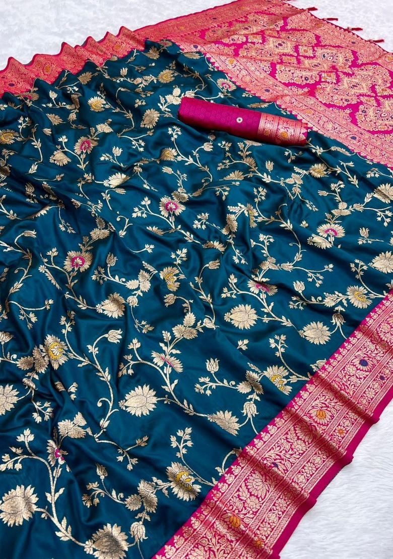 Teal Zari Work Banarasi Saree Set - Indya