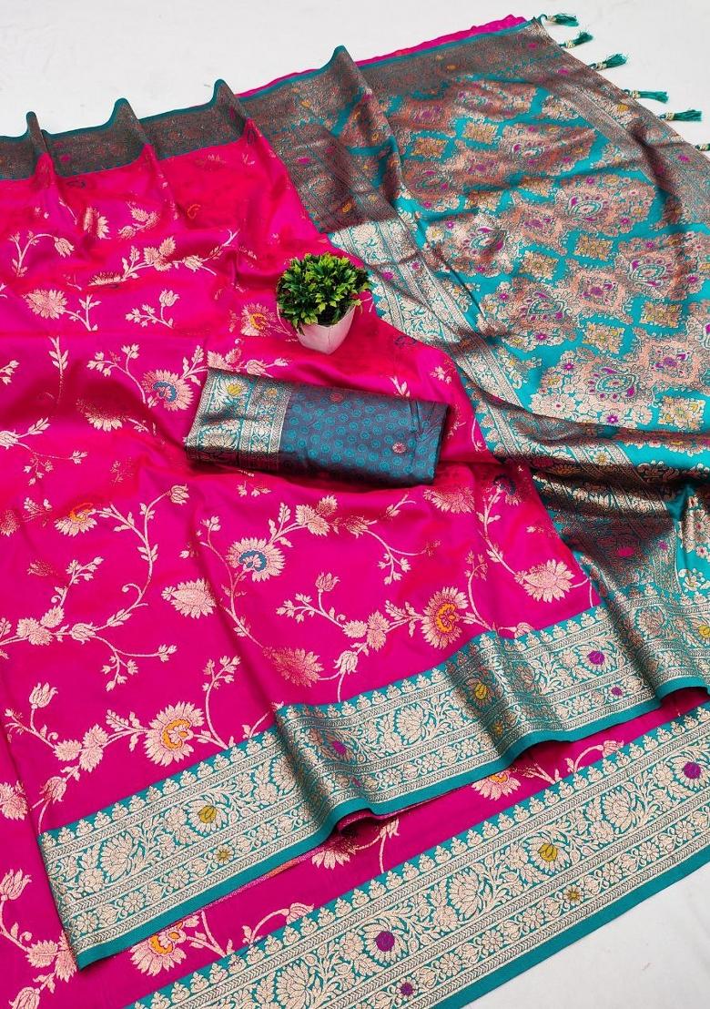 Pink Zari Work Banarasi Saree Set - Indya