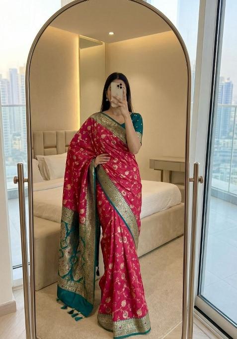 Pink Zari Work Banarasi Saree Set