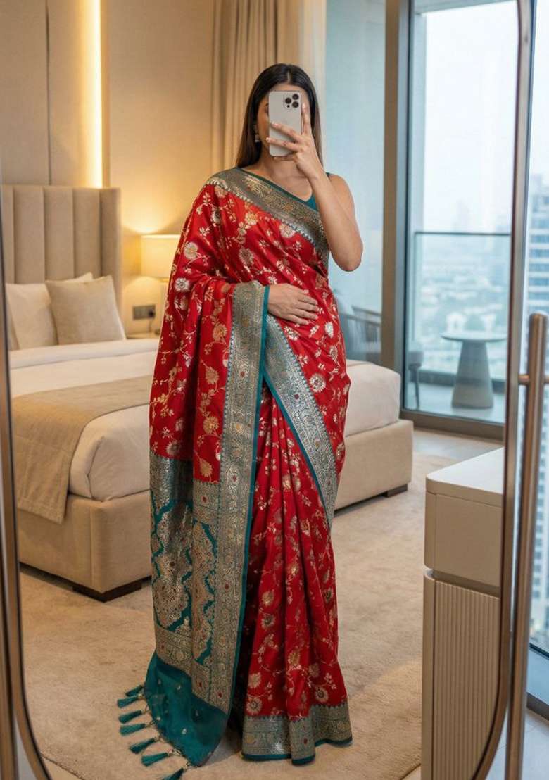 Red Zari Work Banarasi Saree Set for Diwali and Festive Wear - Indya