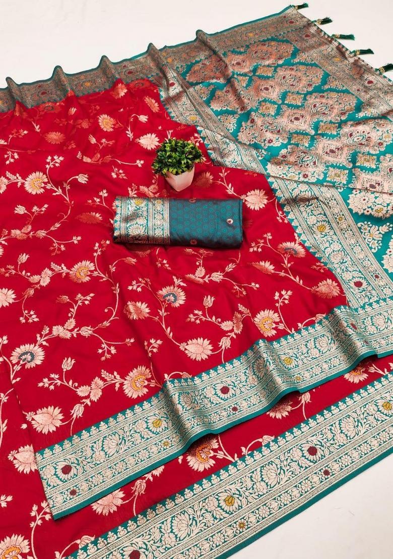 Red Zari Work Banarasi Saree Set - Indya