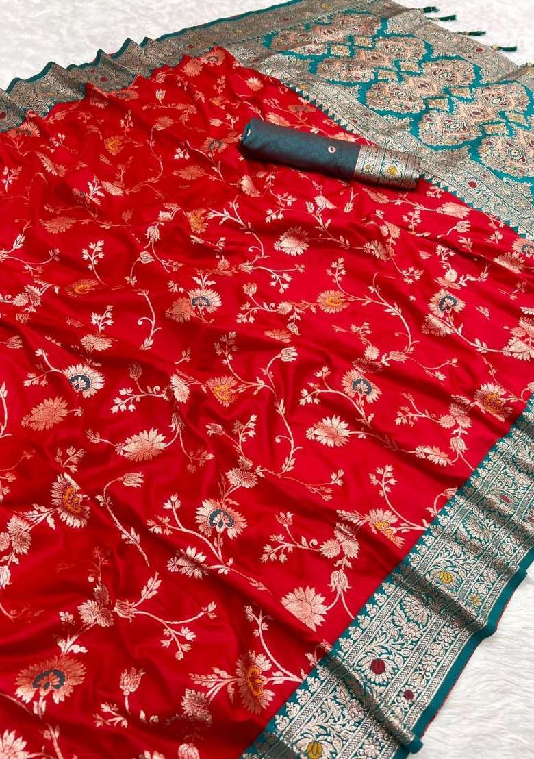 Red Zari Work Banarasi Saree Set for Diwali and Festive Wear - Indya