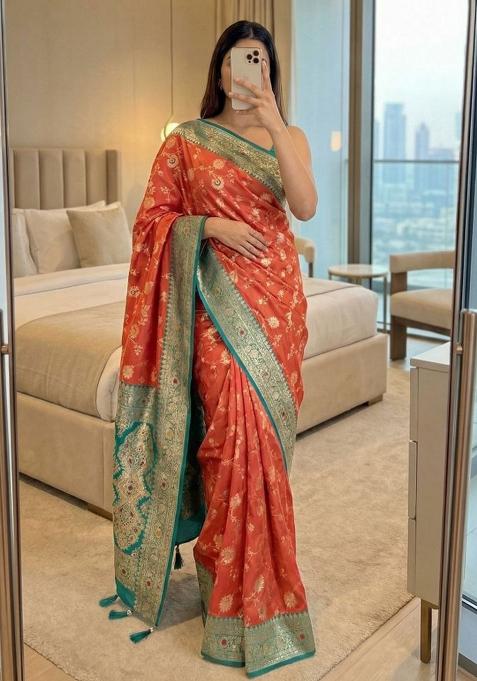 Pink Zari Work Banarasi Saree Set
