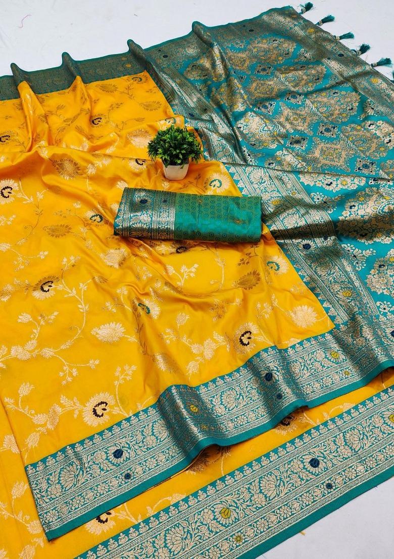 Yellow Zari Work Banarasi Saree Set - Indya