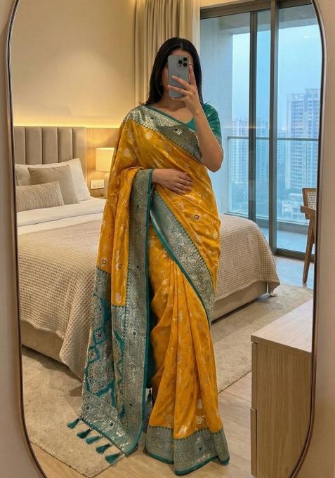 Yellow Zari Work Banarasi Saree Set
