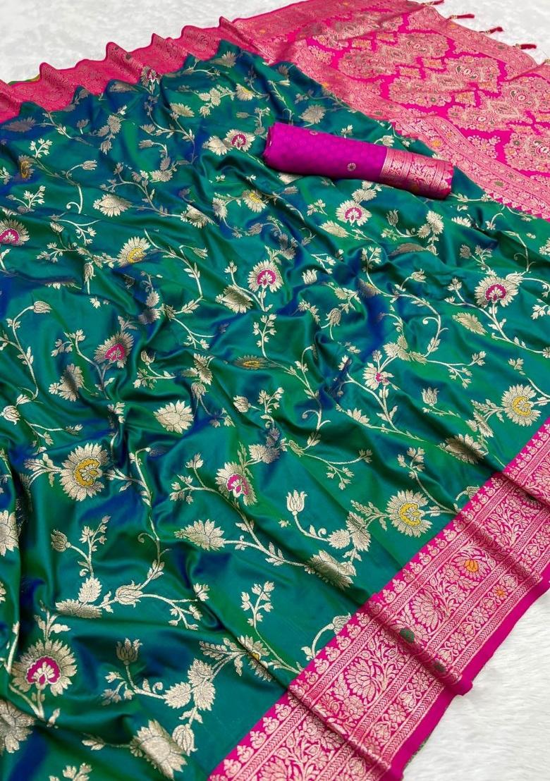 Sea Green Zari Work Banarasi Saree Set - Indya