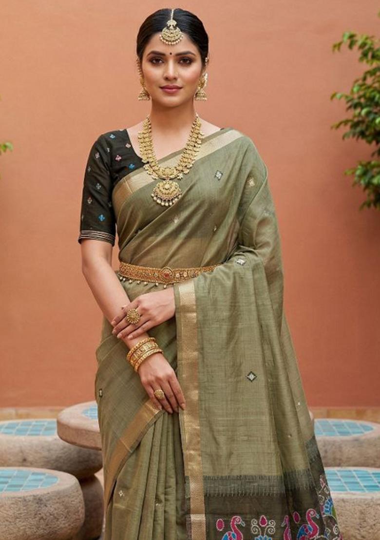 Mehendi Printed Cotton Saree Set - Indya