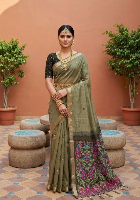 Mehendi Printed Cotton Saree Set
