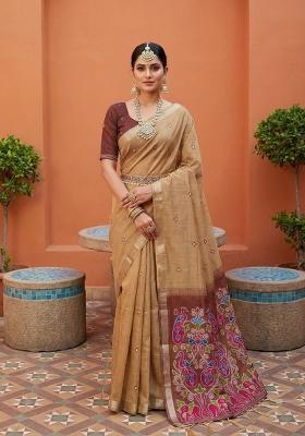 Cream Printed Cotton Saree Set