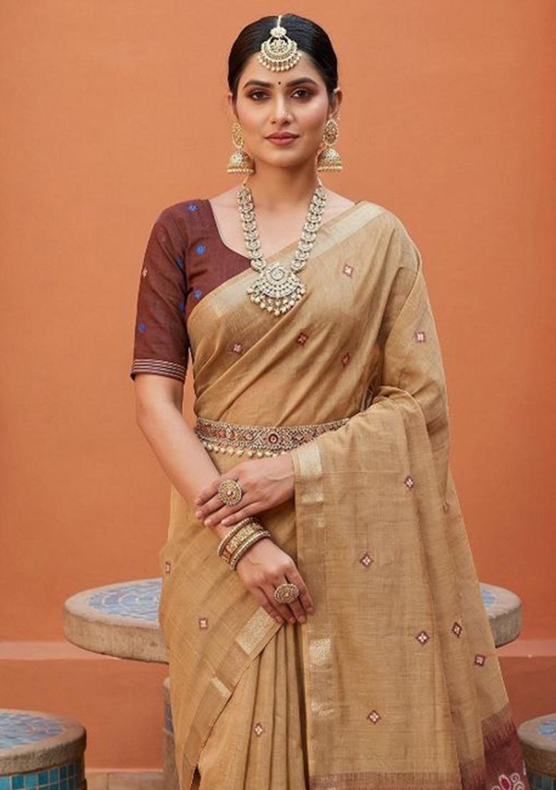 Cream Printed Cotton Saree Set - Indya