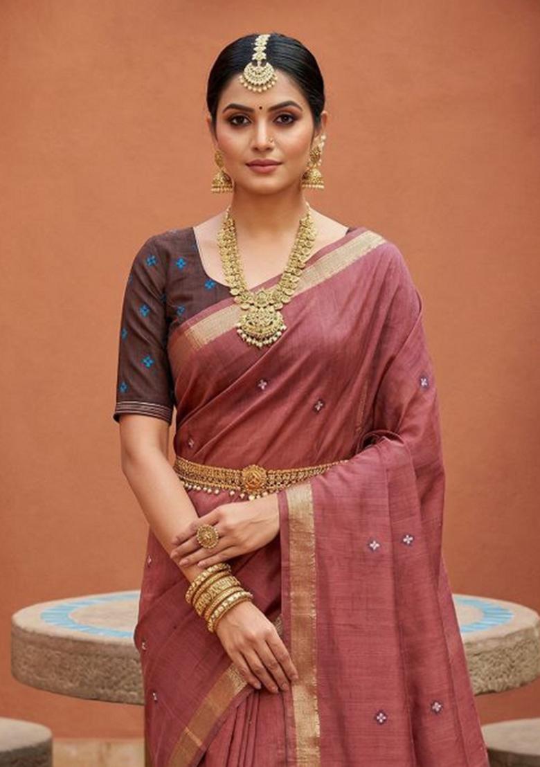 Pink Printed Cotton Saree Set - Indya