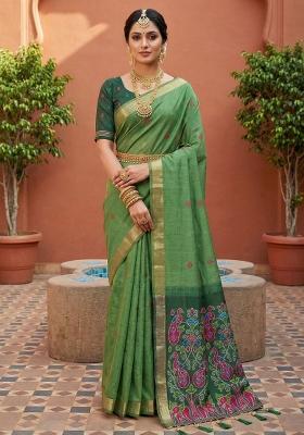 Green Printed Cotton Saree Set
