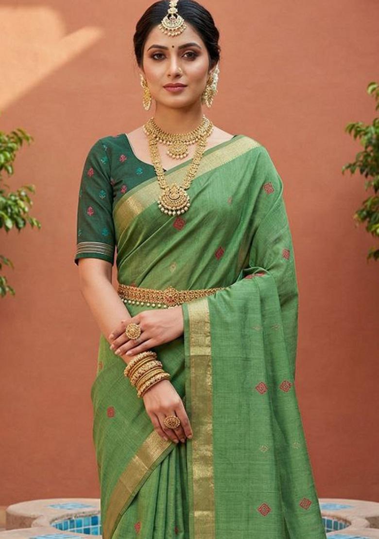 Green Printed Cotton Saree Set - Indya