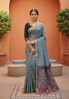 Grey Printed Cotton Saree Set