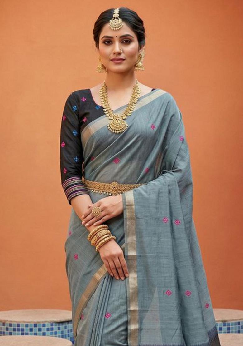 Grey Printed Cotton Saree Set - Indya
