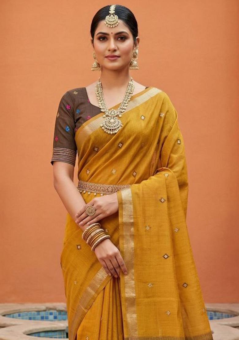 Rust Printed Cotton Saree Set - Indya