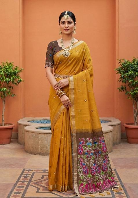 Rust Printed Cotton Saree Set — view on Indya