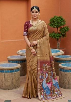 Cream Printed Cotton Saree Set