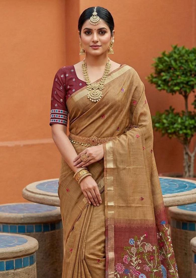 Cream Printed Cotton Saree Set - Indya