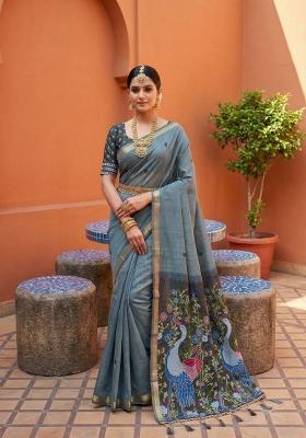 Grey Printed Cotton Saree Set