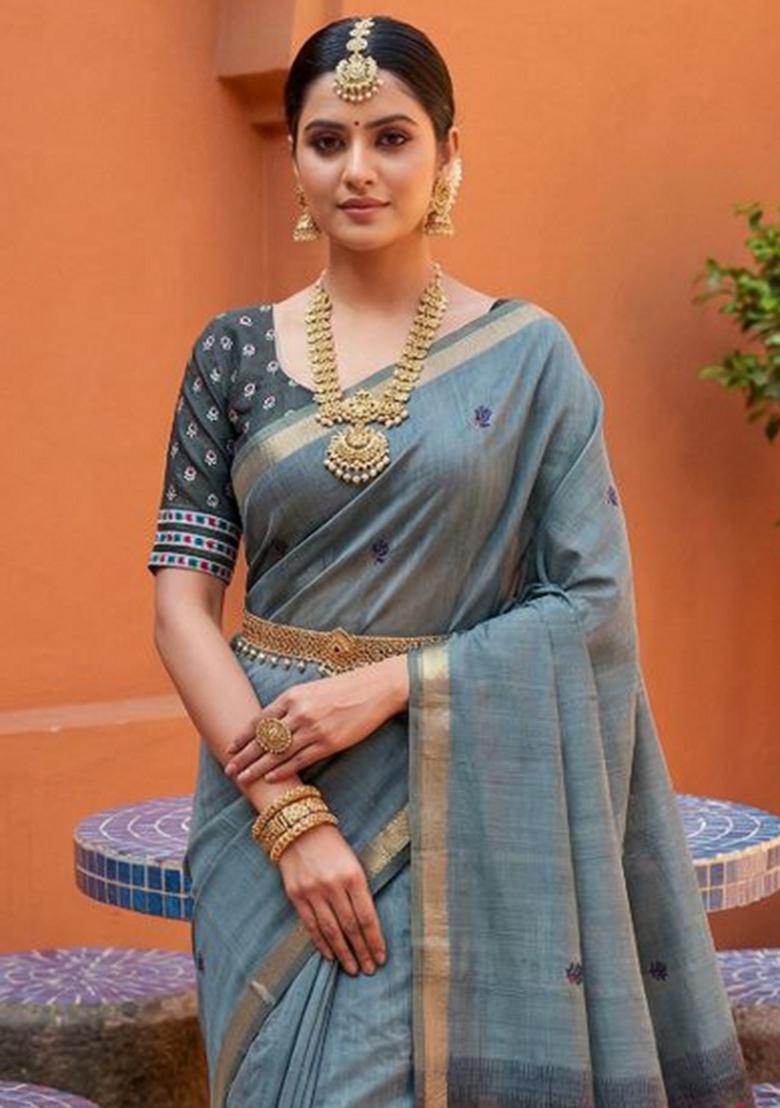 Grey Printed Cotton Saree Set - Indya