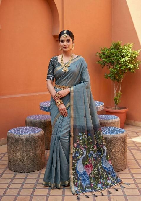 Grey Printed Cotton Saree Set