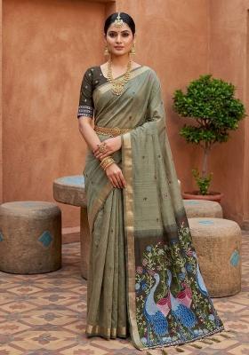 Green Printed Cotton Saree Set