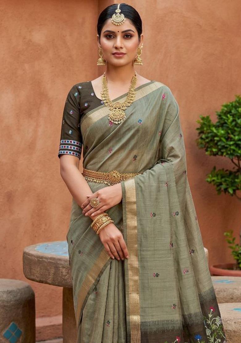 Green Printed Cotton Saree Set - Indya