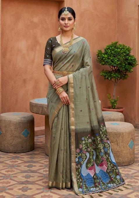 Green Printed Cotton Saree Set