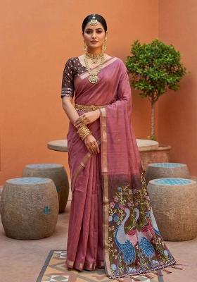 Pink Printed Cotton Saree Set