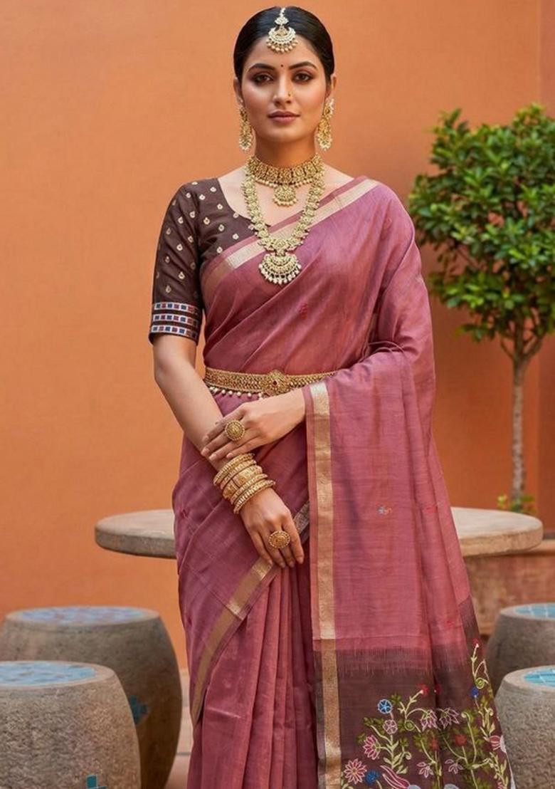 Pink Printed Cotton Saree Set - Indya