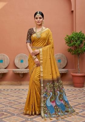 Yellow Printed Cotton Saree Set