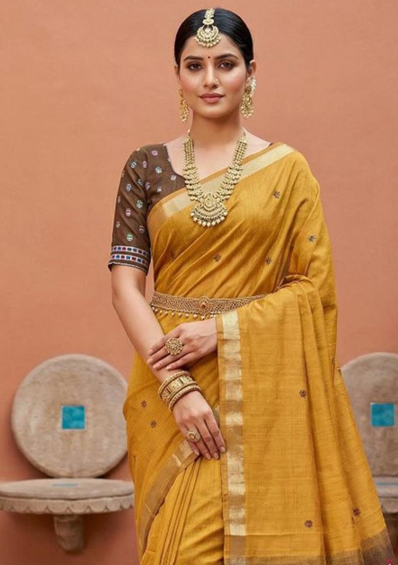 Yellow Printed Cotton Saree Set - Indya