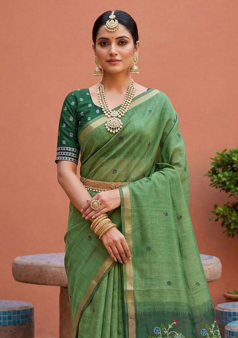 Green Printed Cotton Saree Set - Indya
