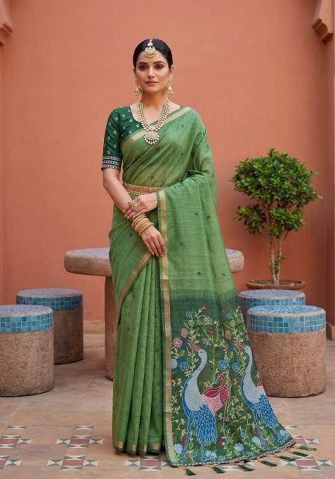 Green Printed Cotton Saree Set