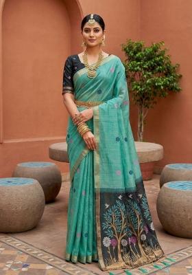 Sea Green Printed Cotton Saree Set