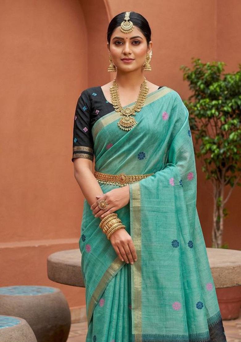 Sea Green Printed Cotton Saree Set - Indya