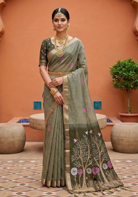 Multicolor Printed Cotton Saree Set — view on Indya