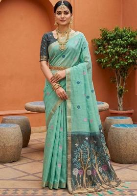 Sky Blue Printed Cotton Saree Set