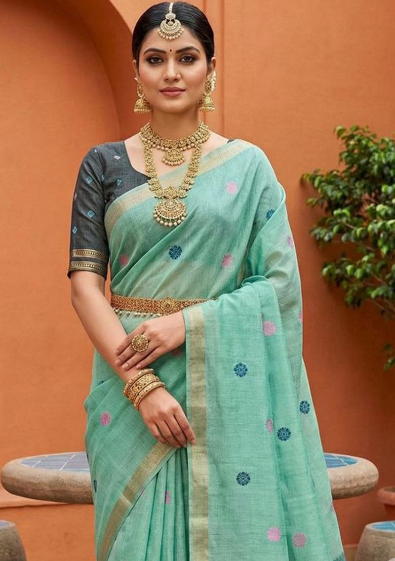 Sky Blue Printed Cotton Saree Set - Indya