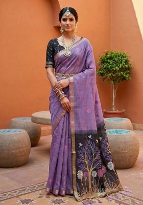 Purple Printed Cotton Saree Set