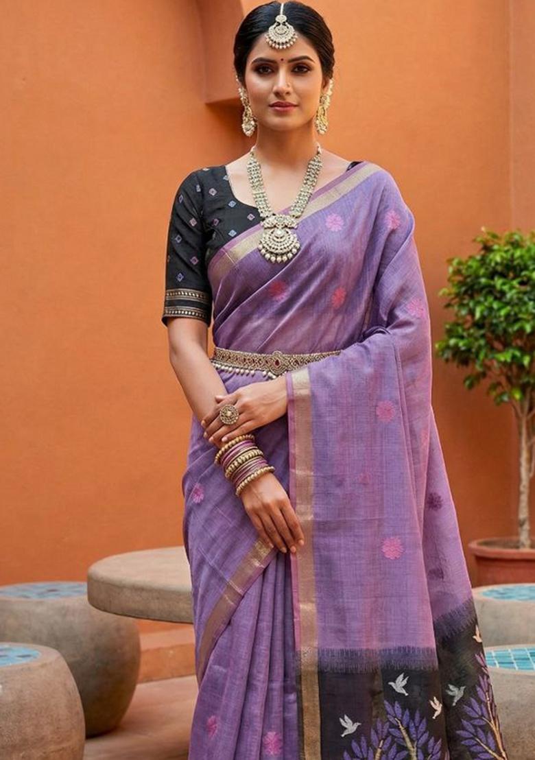 Purple Printed Cotton Saree Set - Indya