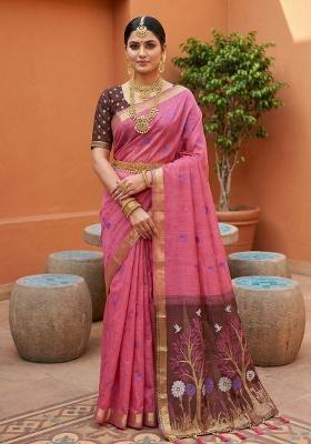Pink Printed Cotton Saree Set