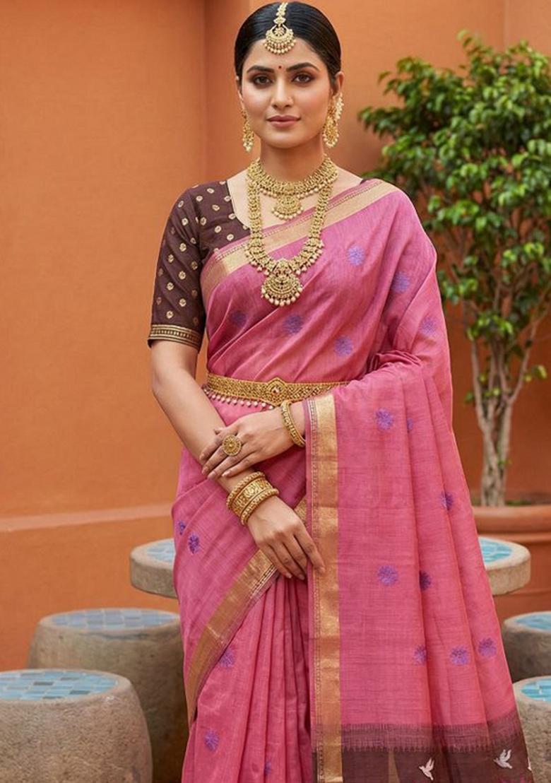 Pink Printed Cotton Saree Set - Indya