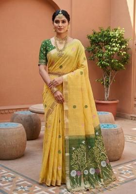 Yellow Printed Cotton Saree Set